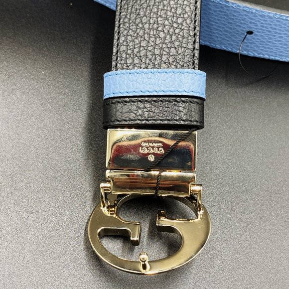 Gucci Black Leather Belt with Gold Buckle and Blue Interior - Picture 8 of 13